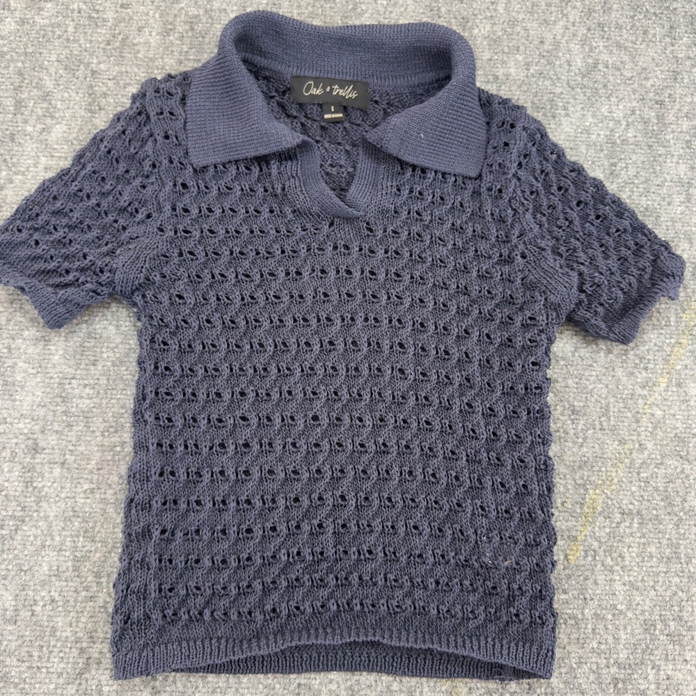 Oak & Trellis Open Knit Crochet Polo Shirt Navy Blue Size S